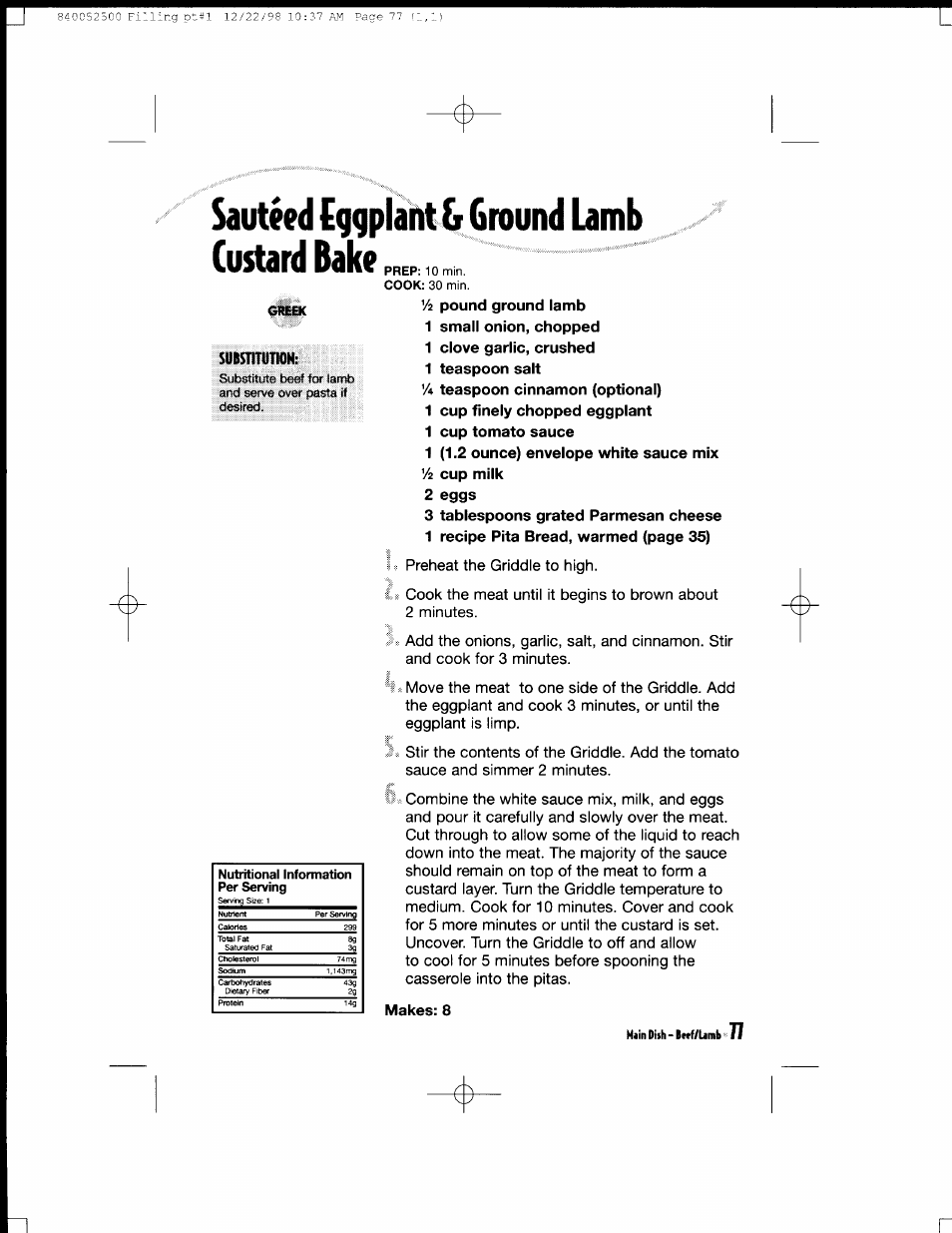 1 clove garlic, crushed teaspoon salt, 2 eggs, Makes: 8 | Custard bake, Main dish - btaf/lamb | Hamilton Beach MealMaker Express 80200 User Manual | Page 77 / 123
