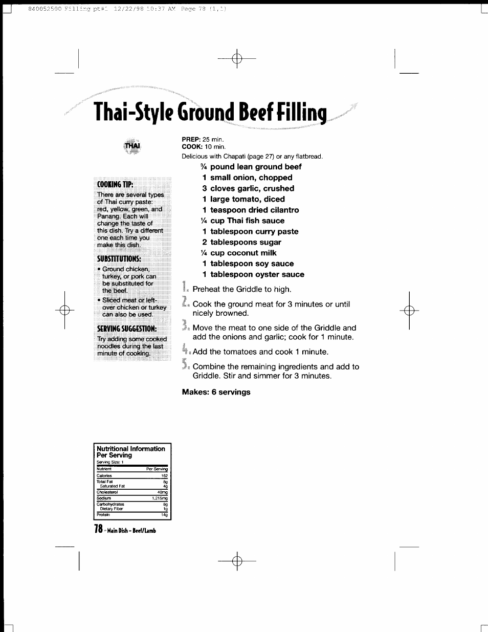 Thai-style ground beef filling, Cookinütip, Substitutions | Seuvino suggestion, 1 tablespoon curry paste, 2 tablespoons sugar ya cup coconut milk, 1 tablespoon soy sauce 1 tablespoon oyster sauce, Makes: 6 servings, Hain dish - dnf/lamb | Hamilton Beach MealMaker Express 80200 User Manual | Page 78 / 123