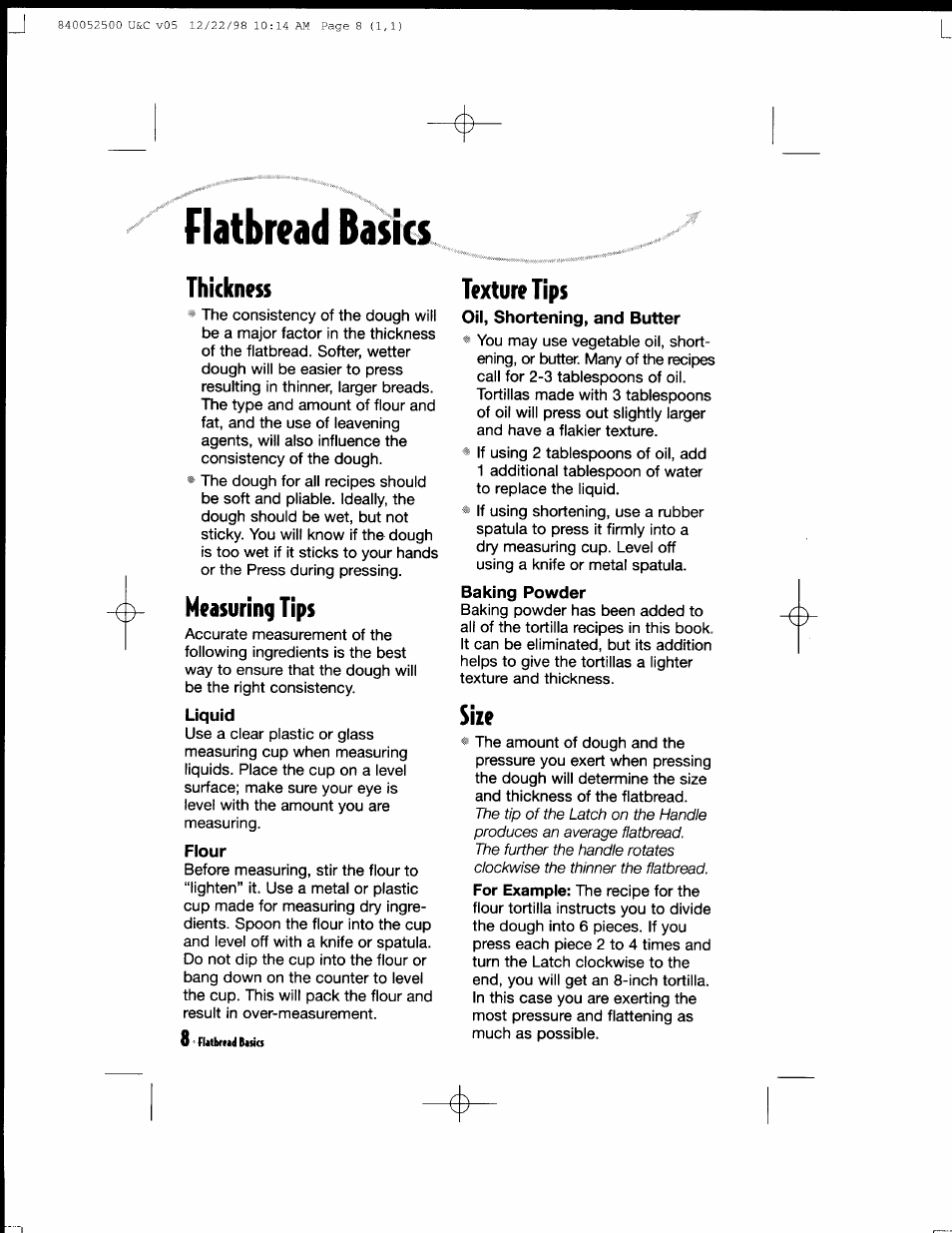Flatbread basics, Thickness, Texture tips | Measuring tips, Size, Flatbread basics -9, Texture tips measuring tips | Hamilton Beach MealMaker Express 80200 User Manual | Page 8 / 123