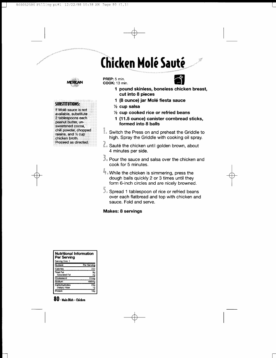 1 (8 ounce) jar molé fiesta sauce 'h cup salsa, Makes: 8 servings | Hamilton Beach MealMaker Express 80200 User Manual | Page 80 / 123