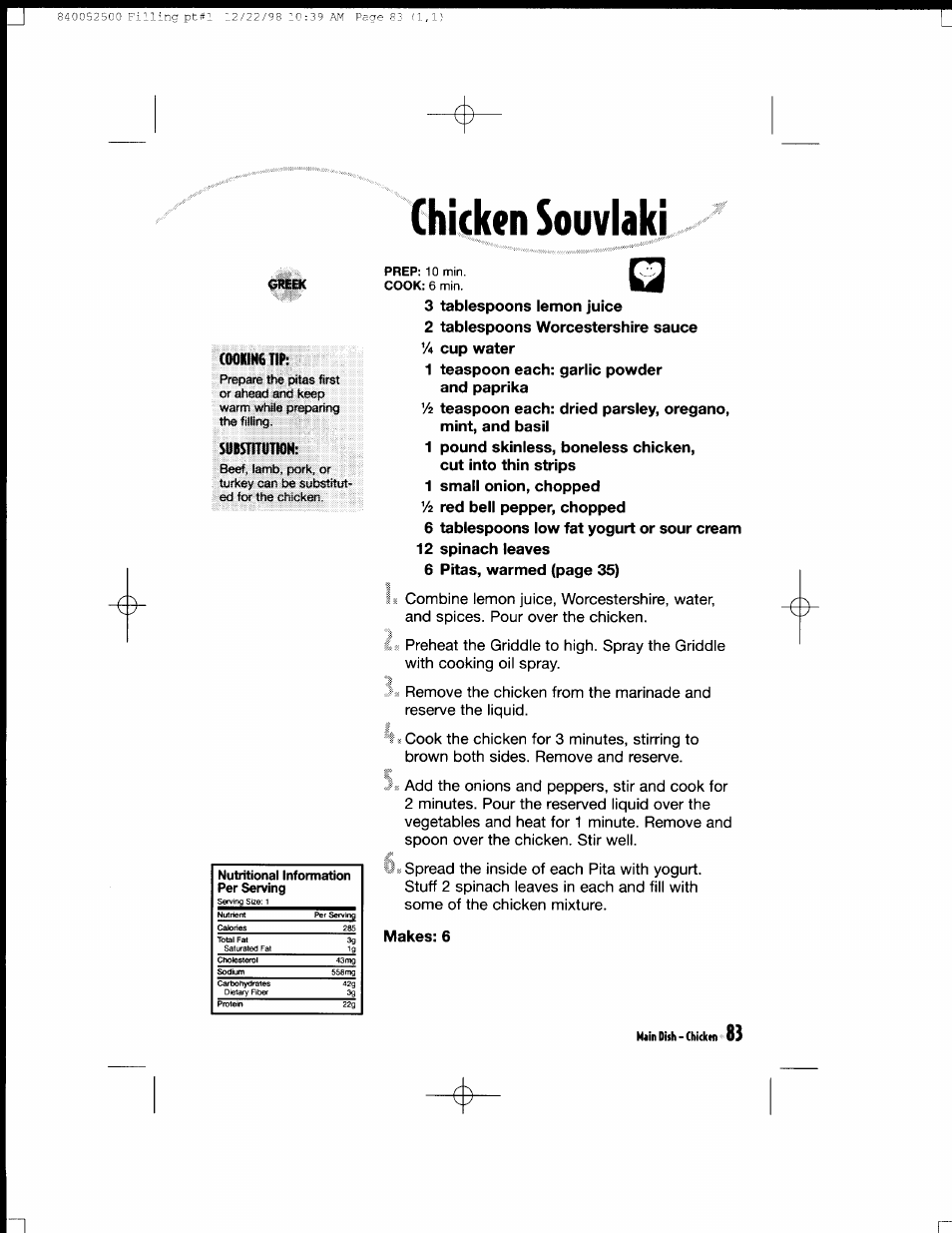 Chicken souviaki, Ookinctip, Substitution | 1 teaspoon each: garlic powder and paprika, Makes: 6 | Hamilton Beach MealMaker Express 80200 User Manual | Page 83 / 123