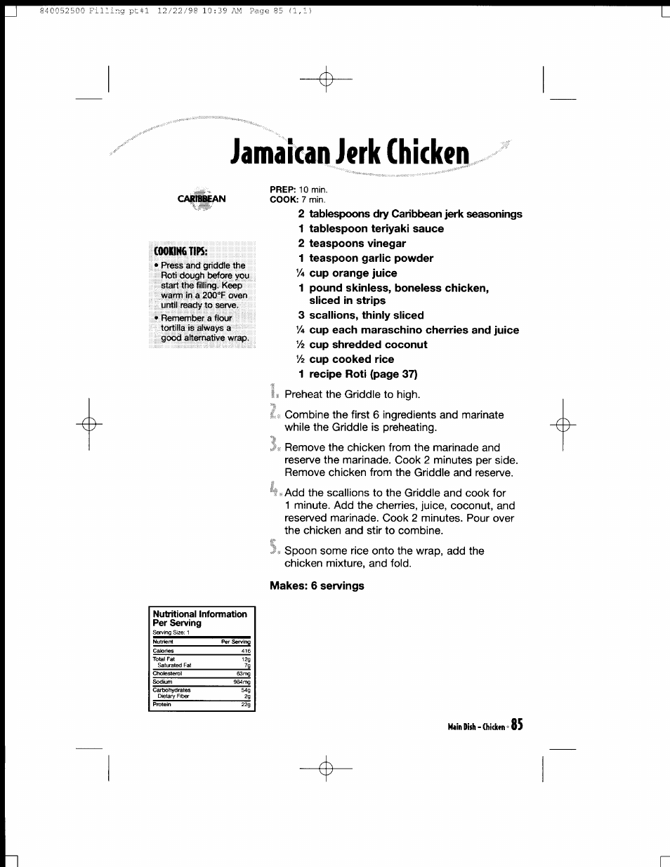 Jamaican jerk chicken, Ooniktips, Makes: 6 servings | Hiin dish - (hicktn, Cm»iiean | Hamilton Beach MealMaker Express 80200 User Manual | Page 85 / 123