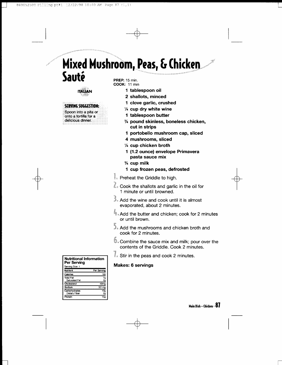 1 tablespoon oil, 2 shallots, minced, 1 cup frozen peas, defrosted | Mixed mushroom, peas, & chicken sauté, H«in dish - (hkktn | Hamilton Beach MealMaker Express 80200 User Manual | Page 87 / 123