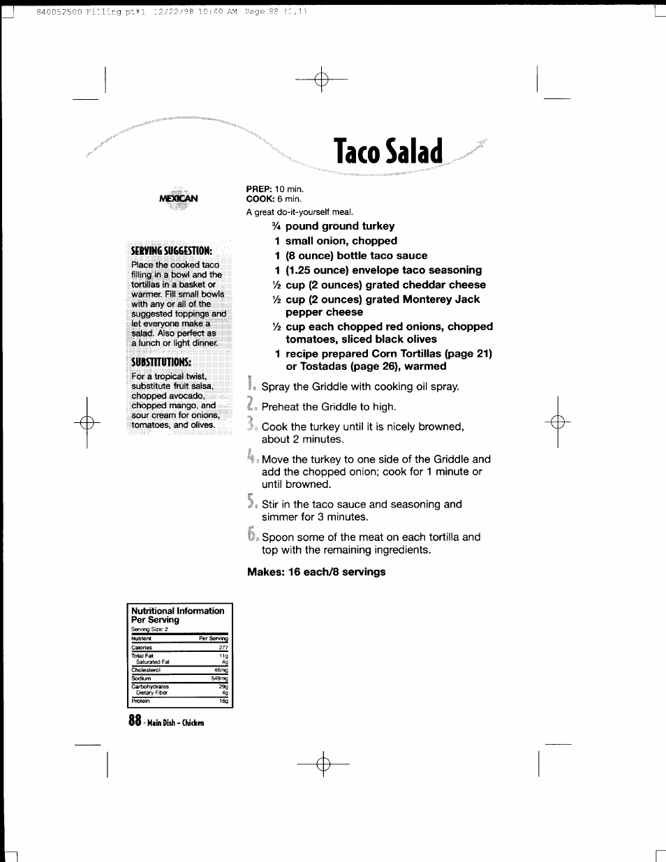 Taco salad, Makes: 16 each/8 servings, Hain dish - (hickni | Hamilton Beach MealMaker Express 80200 User Manual | Page 88 / 123