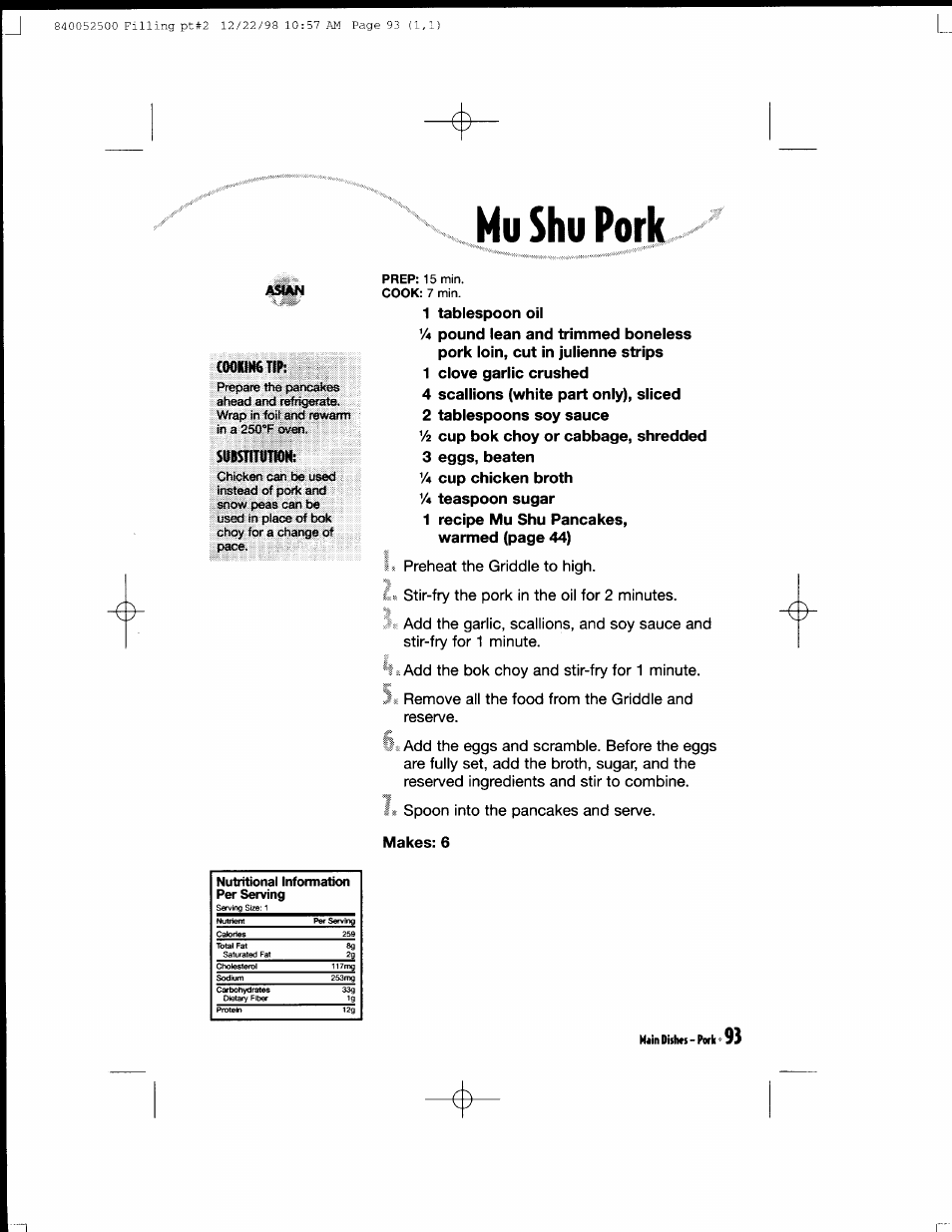 Mu shu pork, 1 tablespoon oil, 1 clove garlic crushed | 4 scallions (white part only), sliced, 2 tablespoons soy sauce, 3 eggs, beaten, Makes: 6 | Hamilton Beach MealMaker Express 80200 User Manual | Page 93 / 123