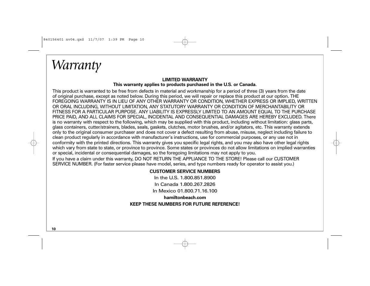 Warranty | Hamilton Beach Wave Station Plus User Manual | Page 10 / 32