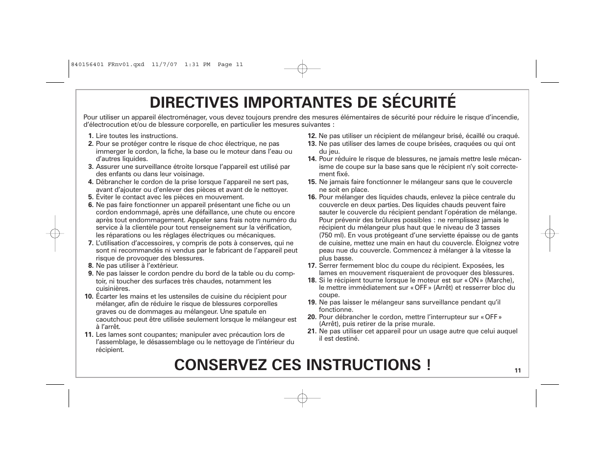 Directives importantes de sécurité, Conservez ces instructions | Hamilton Beach Wave Station Plus User Manual | Page 11 / 32