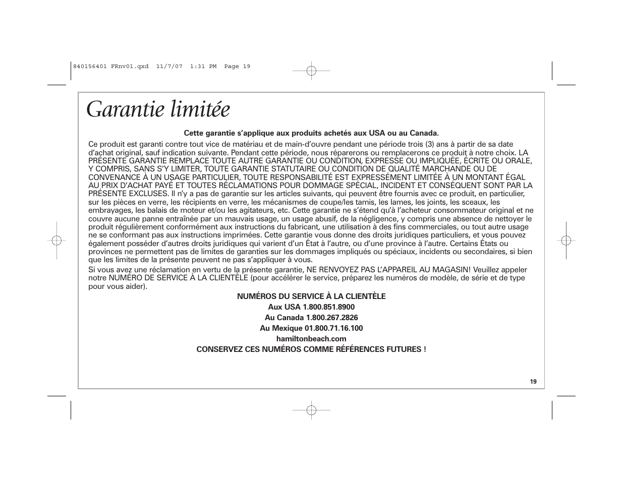 Garantie limitée | Hamilton Beach Wave Station Plus User Manual | Page 19 / 32