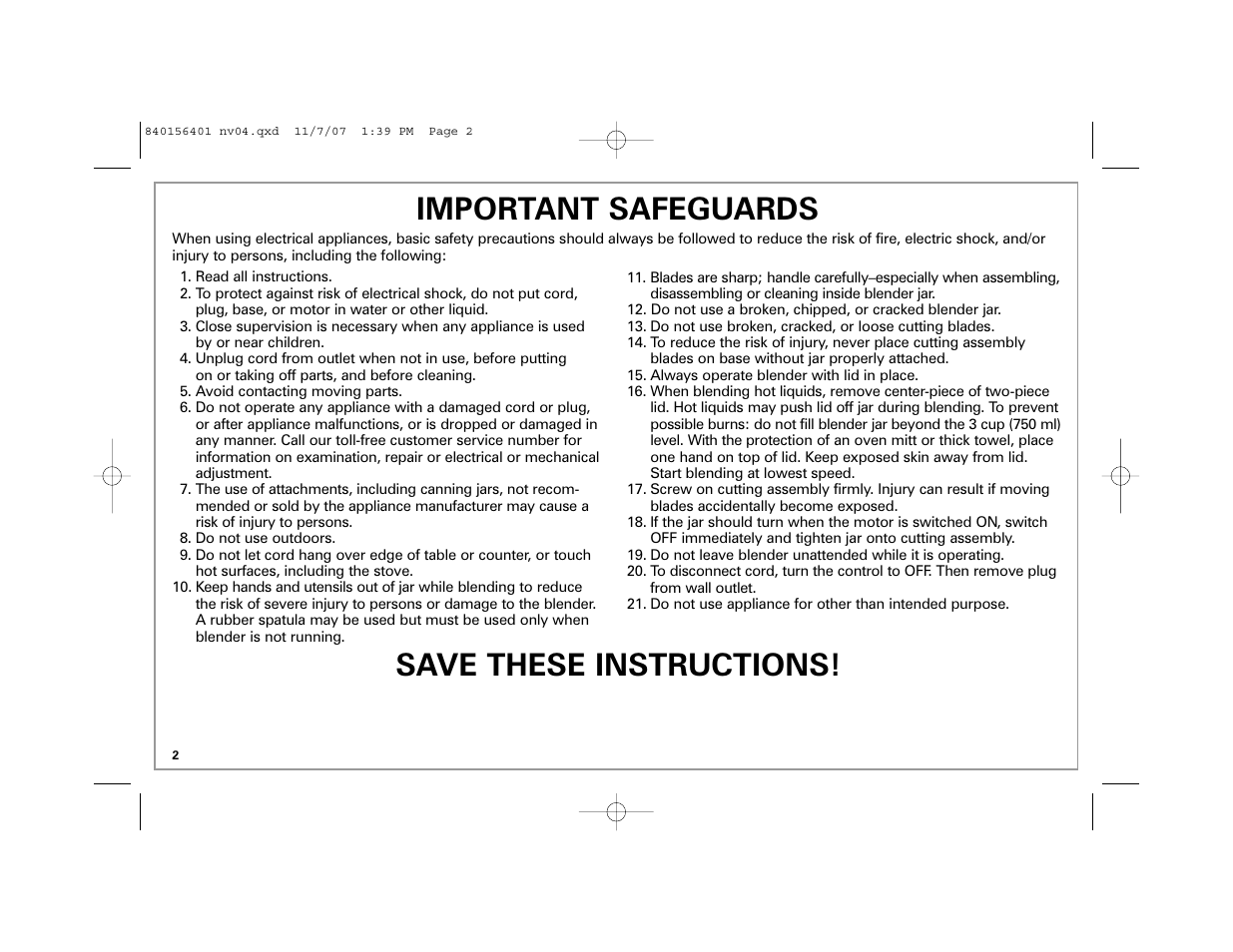 Save these instructions! important safeguards | Hamilton Beach Wave Station Plus User Manual | Page 2 / 32
