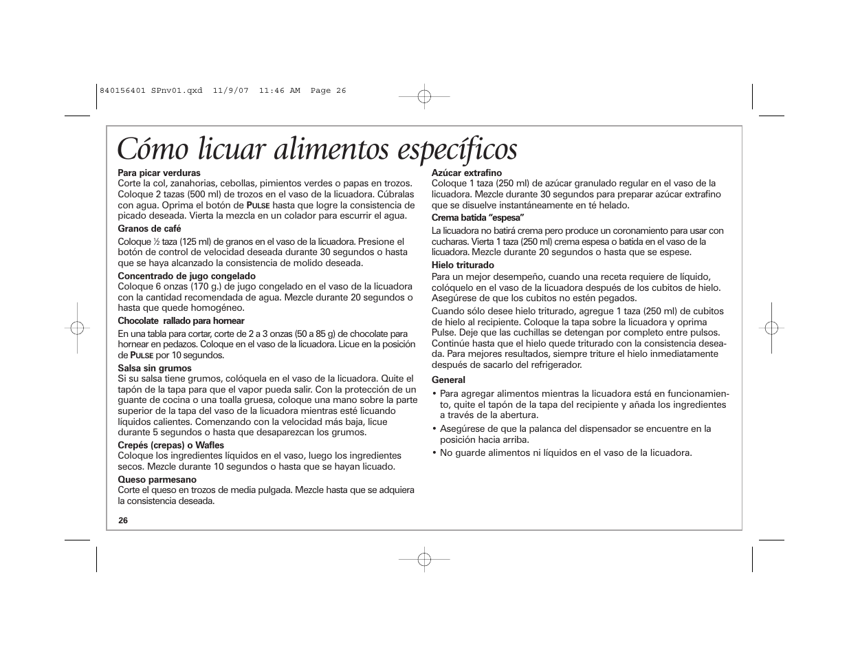 Cómo licuar alimentos específicos | Hamilton Beach Wave Station Plus User Manual | Page 26 / 32