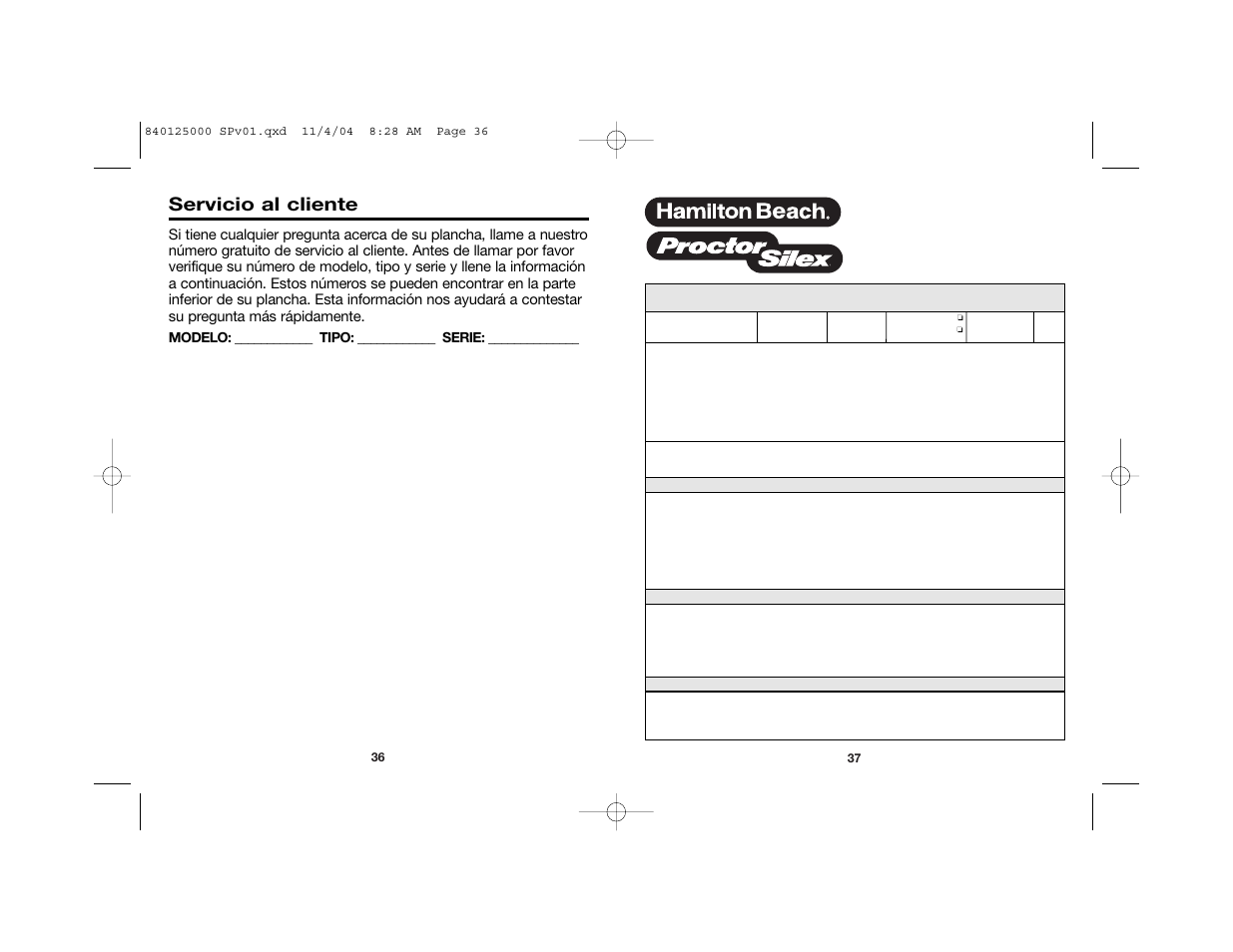 Servicio al cliente, Póliza de garantía | Hamilton Beach 14885C User Manual | Page 20 / 22