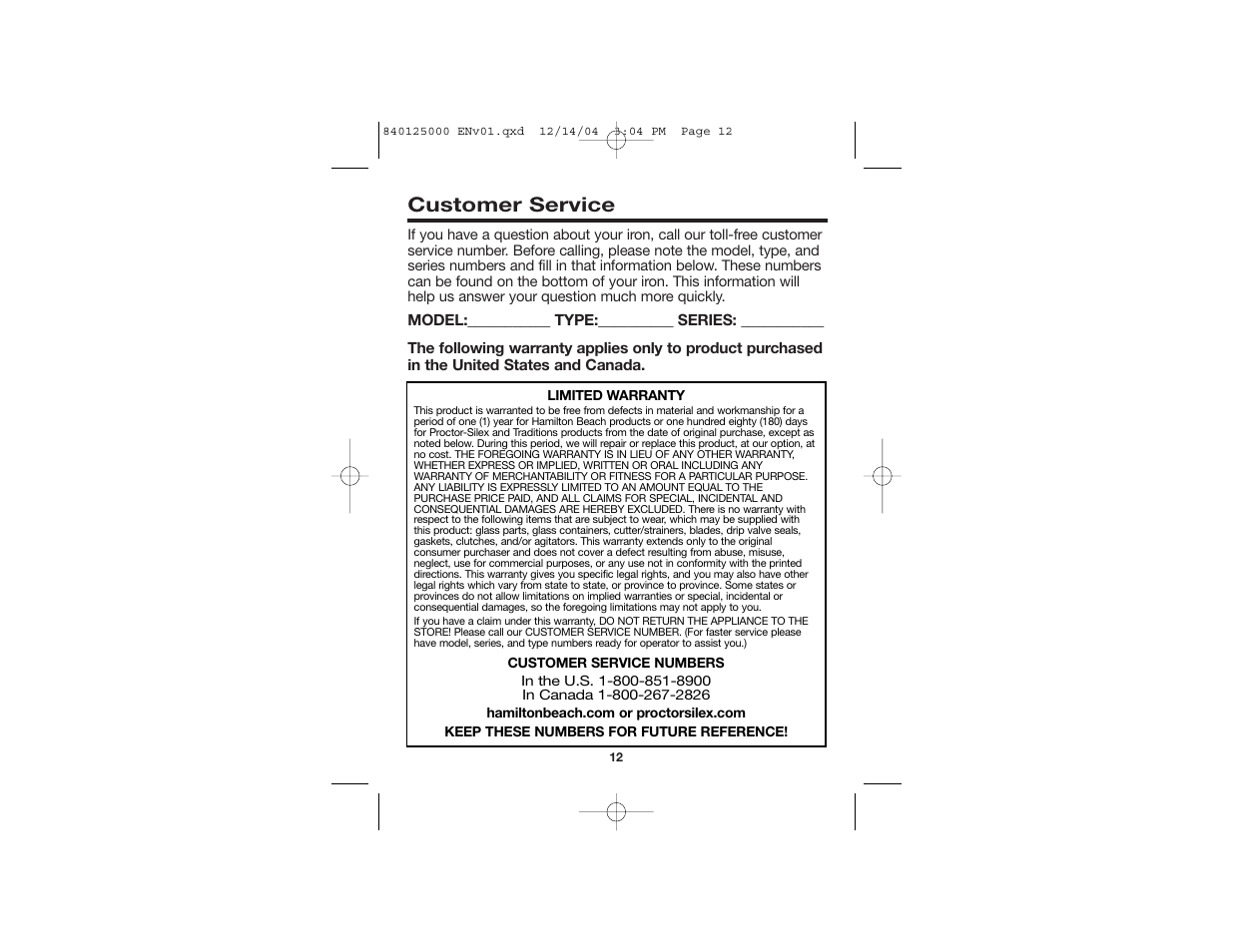 Customer service | Hamilton Beach 14885C User Manual | Page 7 / 22