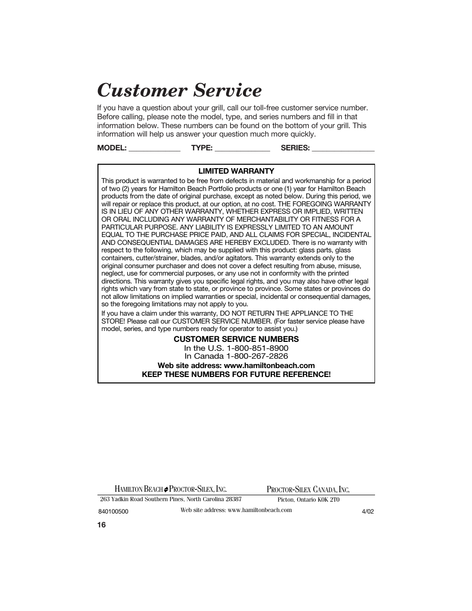 Customer service | Hamilton Beach 840100500 User Manual | Page 16 / 16