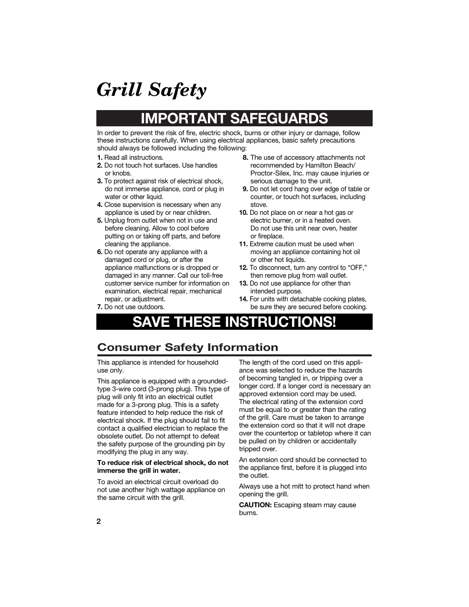 Grill safety, Important safeguards save these instructions, Consumer safety information | Hamilton Beach 840100500 User Manual | Page 2 / 16