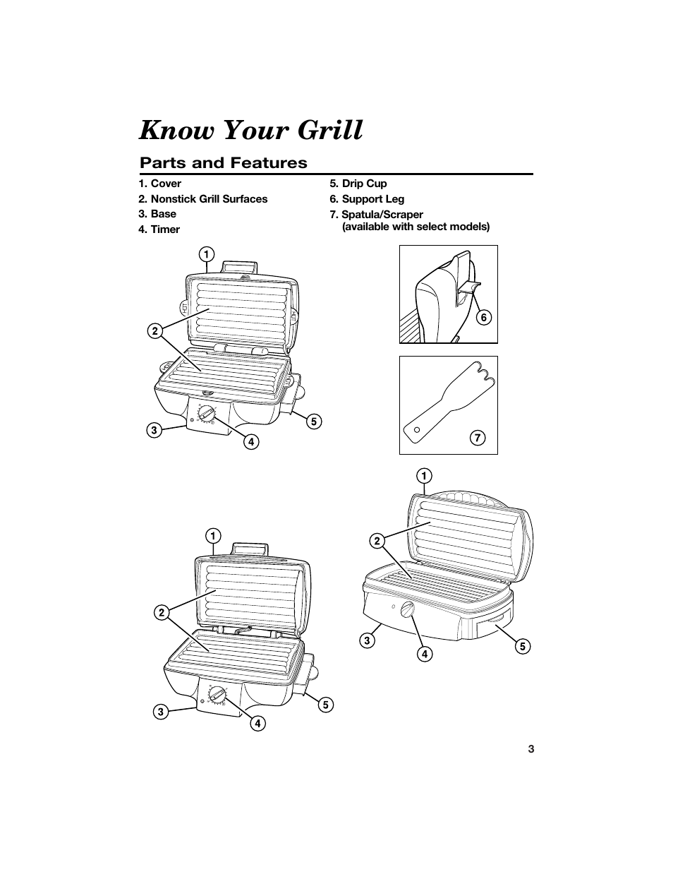 Know your grill, Parts and features | Hamilton Beach 840100500 User Manual | Page 3 / 16