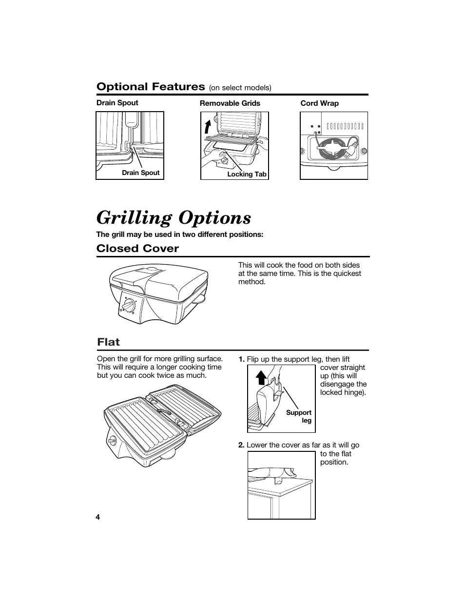 Grilling options, Flat, Closed cover | Optional features | Hamilton Beach 840100500 User Manual | Page 4 / 16