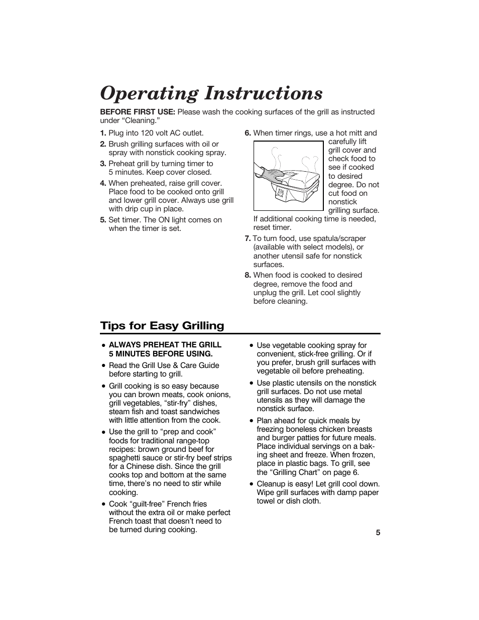 Operating instructions, Tips for easy grilling | Hamilton Beach 840100500 User Manual | Page 5 / 16