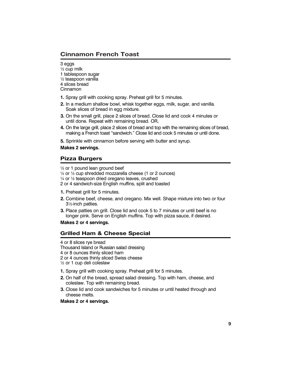 Cinnamon french toast, Pizza burgers, Grilled ham & cheese special | Hamilton Beach 840100500 User Manual | Page 9 / 16