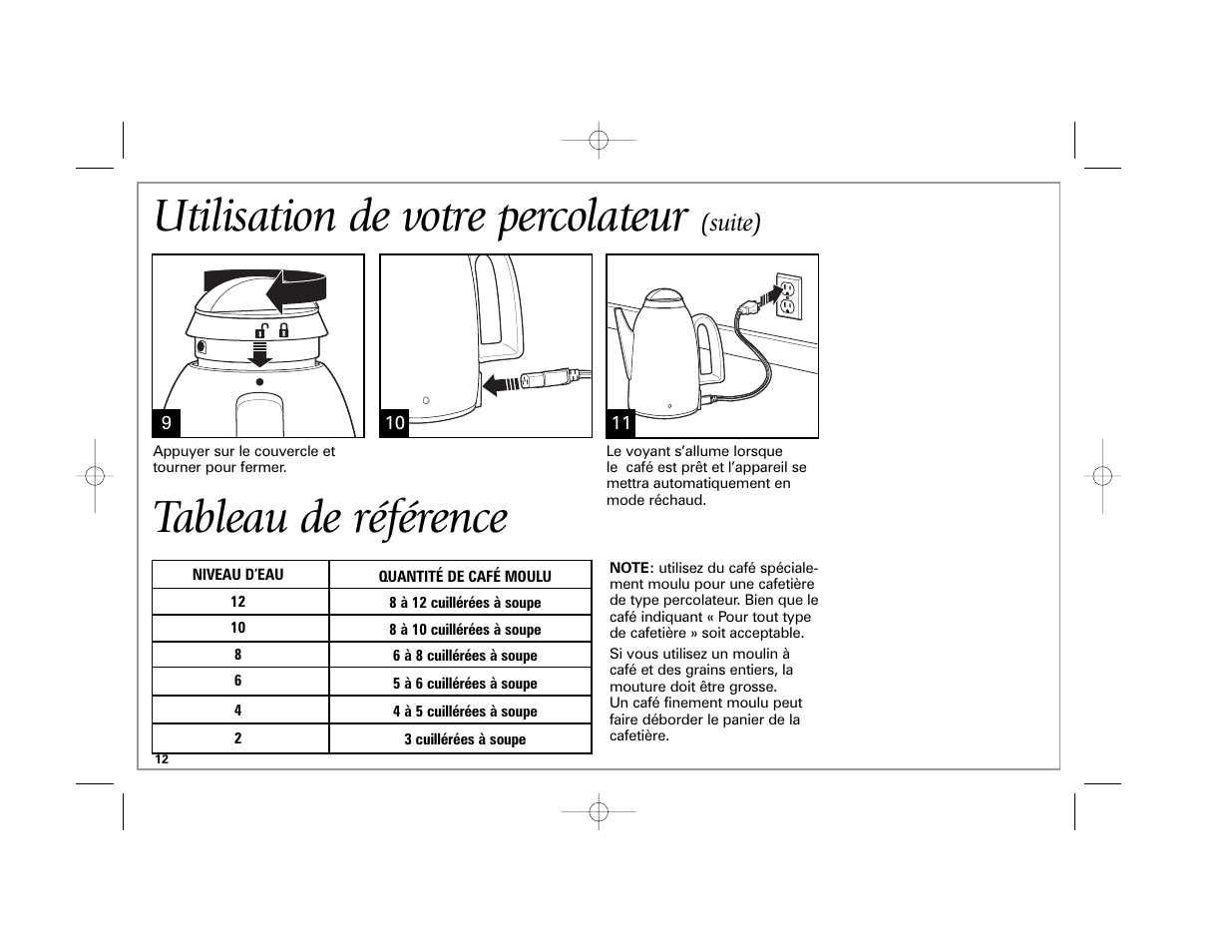 Utilisation de votre percolateur, Tableau de référence, Suite) | Hamilton Beach 40619 User Manual | Page 12 / 24