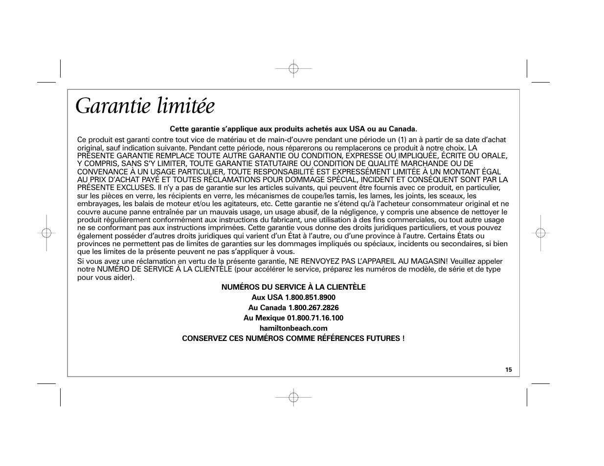 Garantie limitée | Hamilton Beach 40619 User Manual | Page 15 / 24