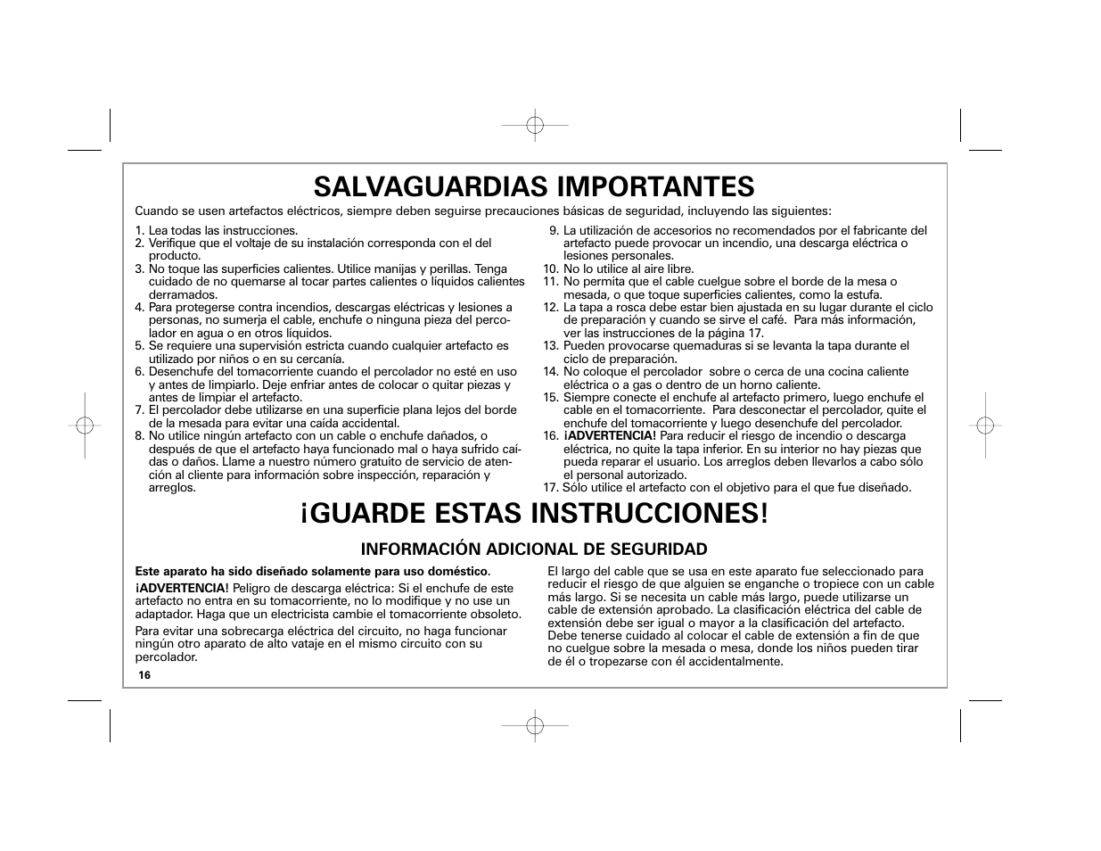 Salvaguardias importantes, Guarde estas instrucciones | Hamilton Beach 40619 User Manual | Page 16 / 24