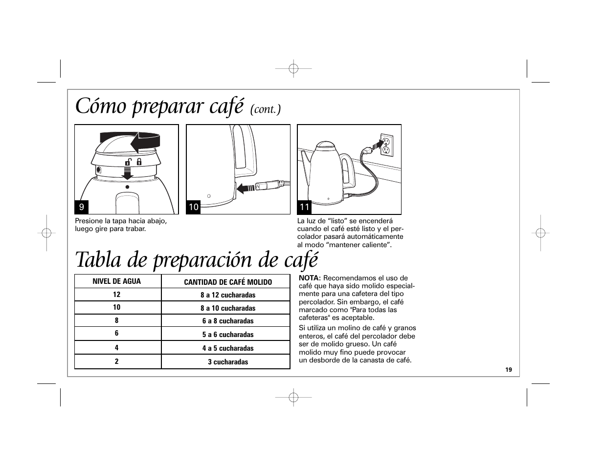 Cómo preparar café, Tabla de preparación de café, Cont.) | Hamilton Beach 40619 User Manual | Page 19 / 24