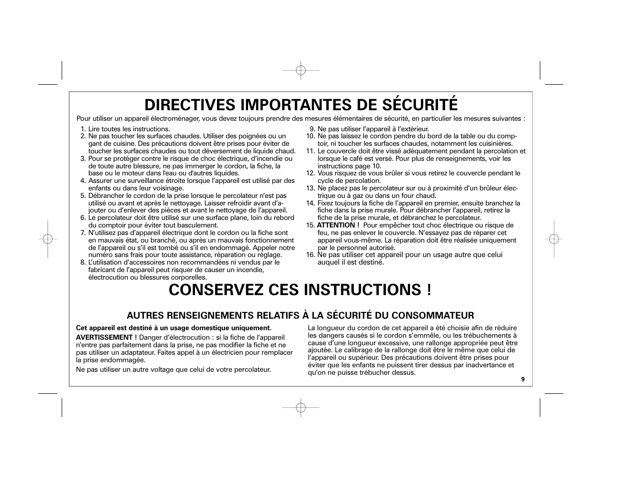 Directives importantes de sécurité, Conservez ces instructions | Hamilton Beach 40619 User Manual | Page 9 / 24