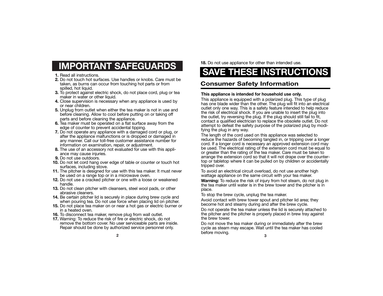 Important safeguards save these instructions | Hamilton Beach Iced Tea Maker User Manual | Page 2 / 4