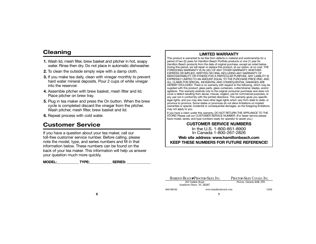 Customer service, Cleaning | Hamilton Beach Iced Tea Maker User Manual | Page 4 / 4