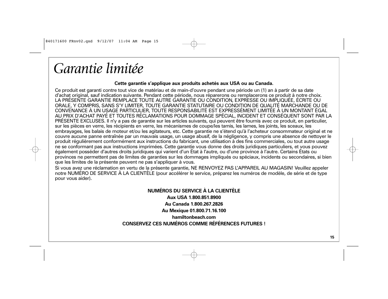 Garantie limitée | Hamilton Beach 62650C User Manual | Page 15 / 24