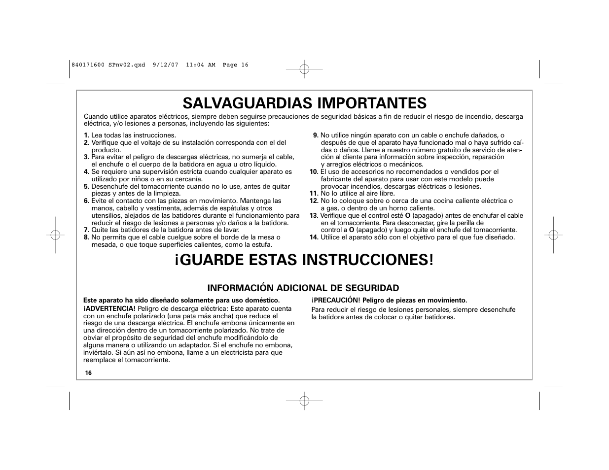 Salvaguardias importantes, Guarde estas instrucciones | Hamilton Beach 62650C User Manual | Page 16 / 24