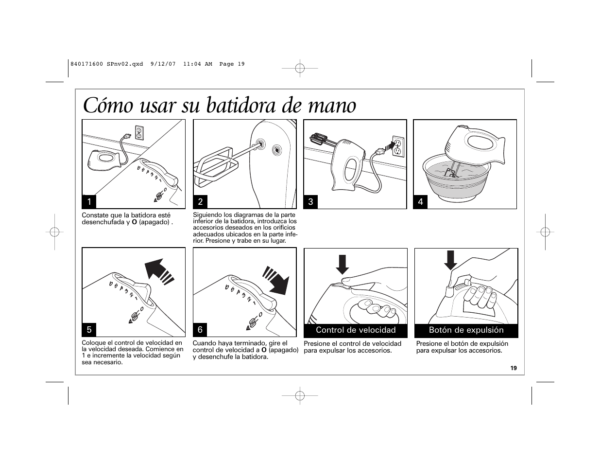 Cómo usar su batidora de mano | Hamilton Beach 62650C User Manual | Page 19 / 24