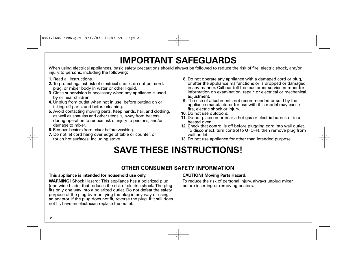 Important safeguards, Save these instructions | Hamilton Beach 62650C User Manual | Page 2 / 24