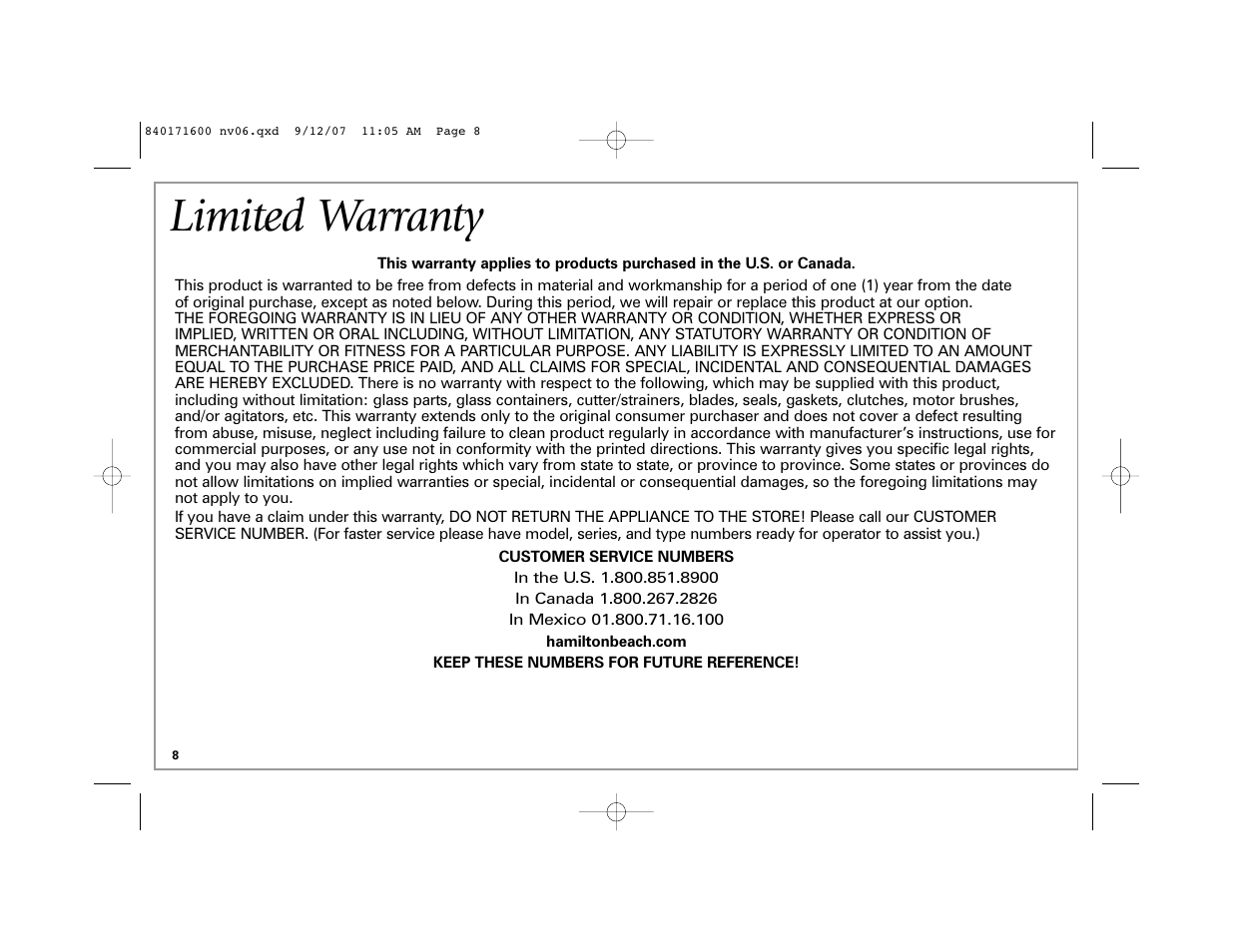 Limited warranty | Hamilton Beach 62650C User Manual | Page 8 / 24