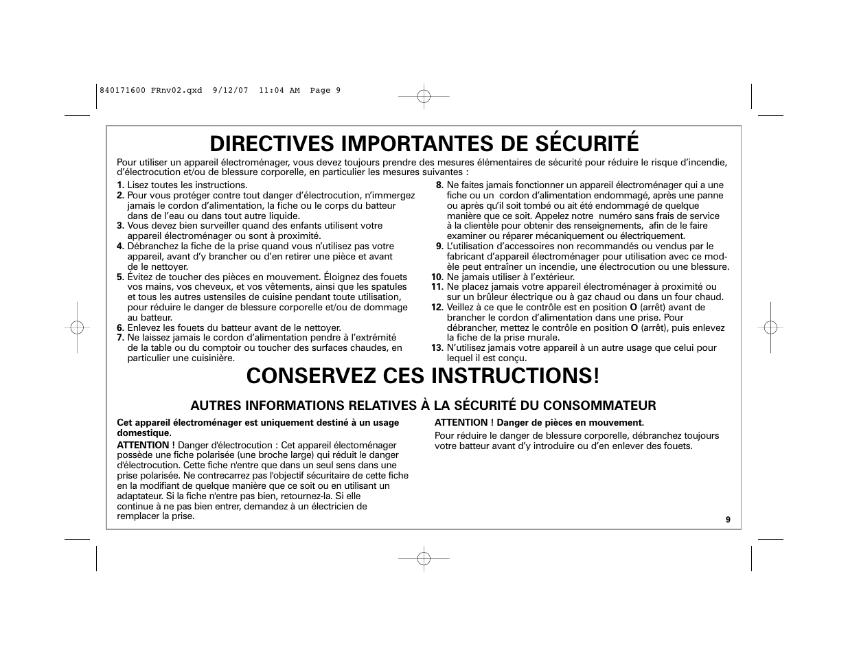 Directives importantes de sécurité, Conservez ces instructions | Hamilton Beach 62650C User Manual | Page 9 / 24