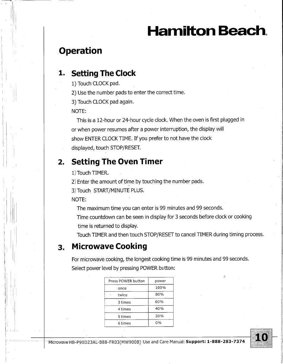 Setting the clock, Setting the oven timer, Microwave cooking | Hamitton beach, Operation | Hamilton Beach MW900BK User Manual | Page 10 / 20