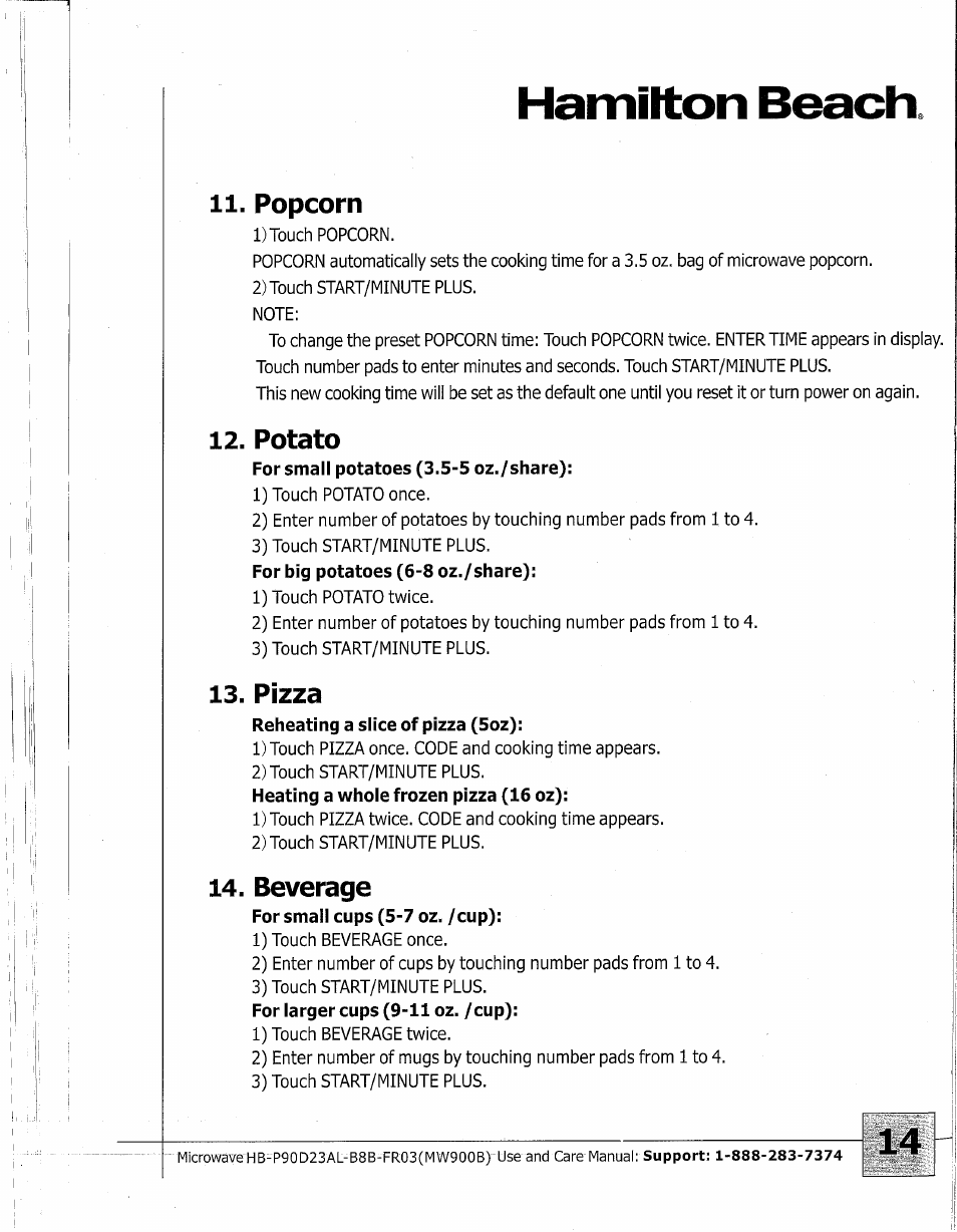 Popcorn, Potato, Pizza | Beverage, Hamilton beach | Hamilton Beach MW900BK User Manual | Page 14 / 20