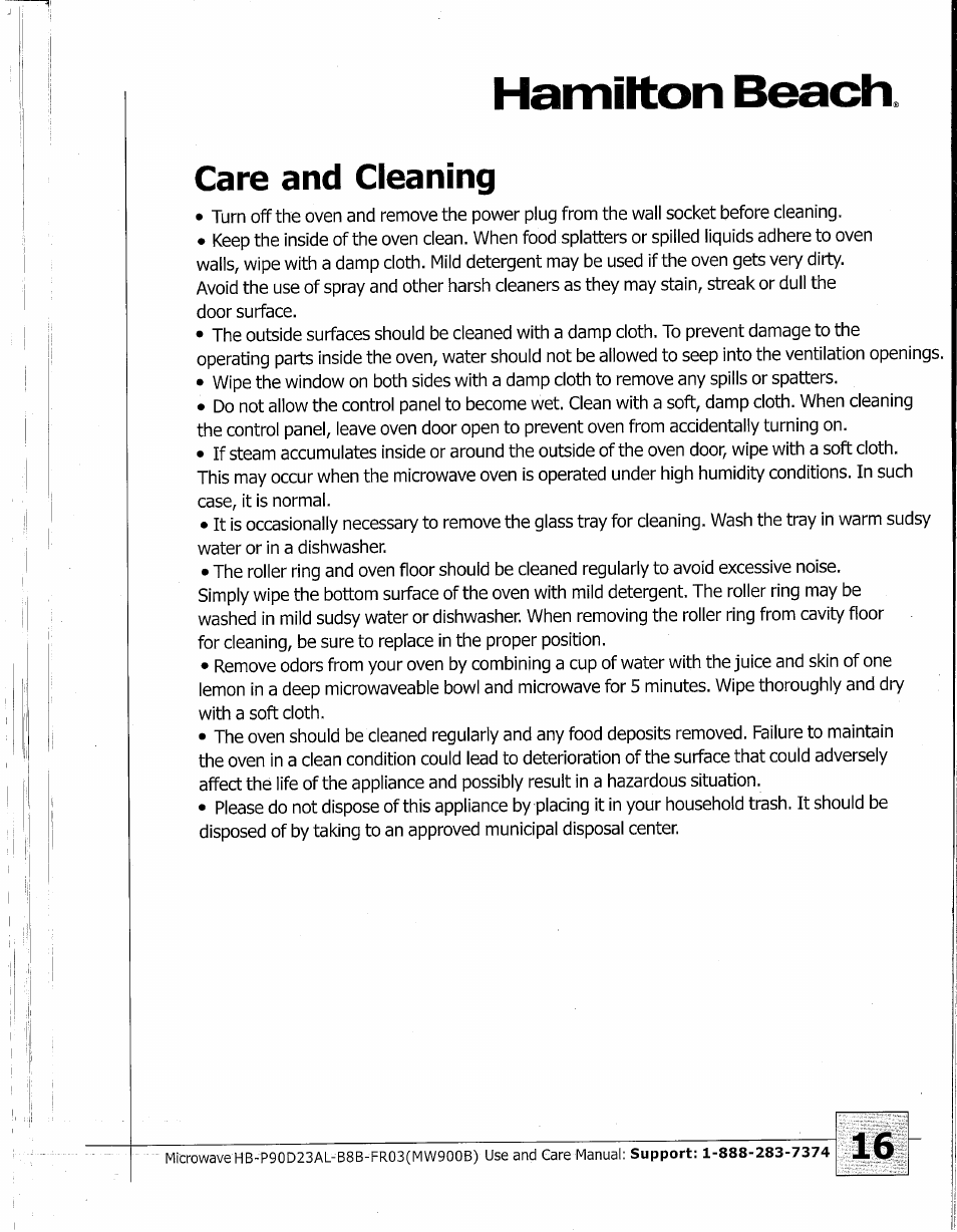 Care and cleaning, Hamilton beach | Hamilton Beach MW900BK User Manual | Page 16 / 20