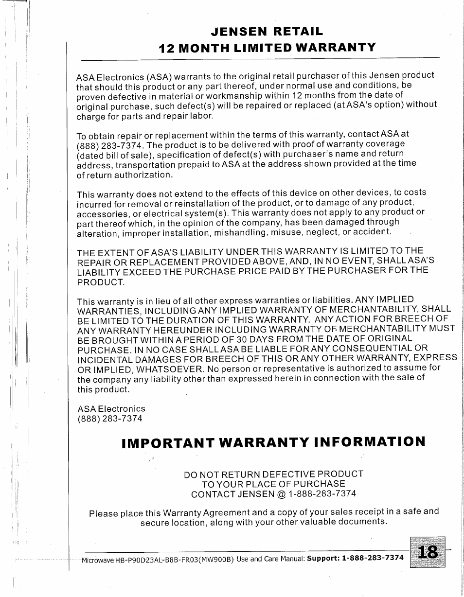 Important warranty information, Jensen retail 12 month limited warranty | Hamilton Beach MW900BK User Manual | Page 18 / 20