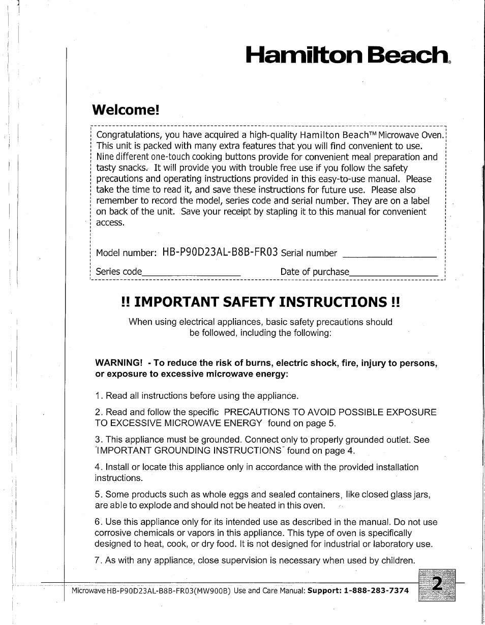 Welcome, Important safety instructions, Hamilton beach | Hamilton Beach MW900BK User Manual | Page 2 / 20