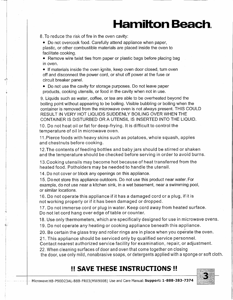 Save these instructions, Hamitton beach | Hamilton Beach MW900BK User Manual | Page 3 / 20