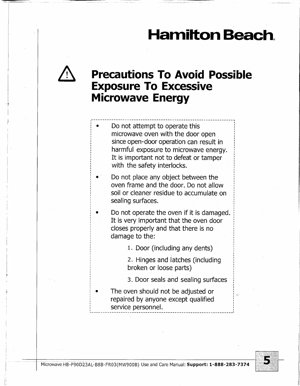 Hamitton beach | Hamilton Beach MW900BK User Manual | Page 5 / 20