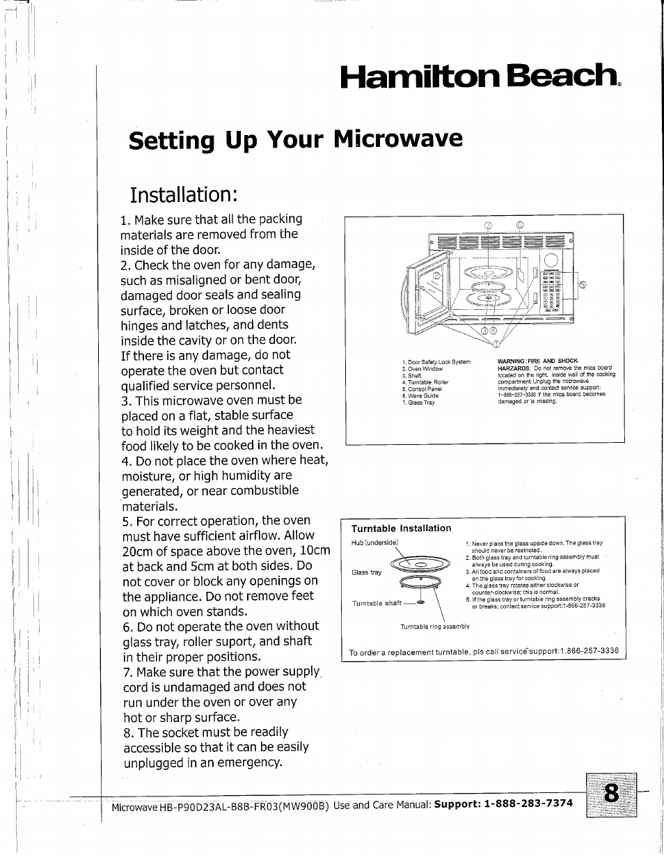 Setting up your microwave, Bmfc operating your microwave, Hamilton beach | Installation | Hamilton Beach MW900BK User Manual | Page 8 / 20