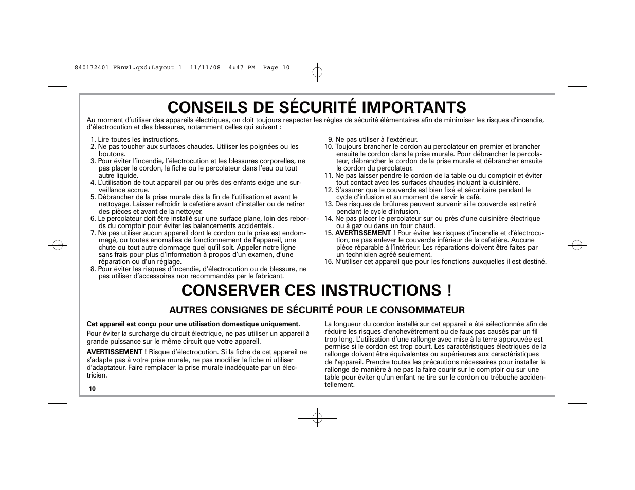 Conseils de sécurité importants, Conserver ces instructions | Hamilton Beach BrewStation 40540 User Manual | Page 10 / 28