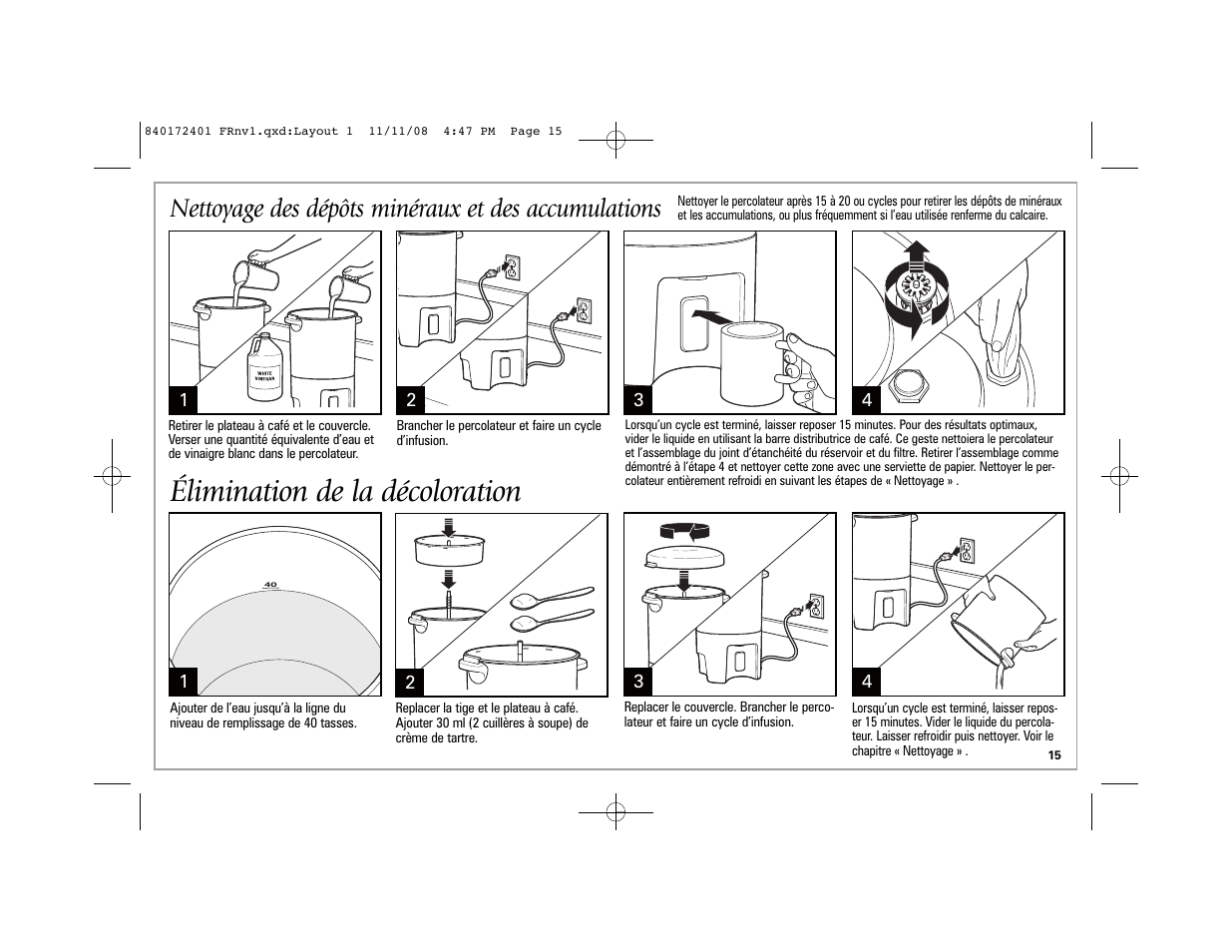 Élimination de la décoloration, Nettoyage des dépôts minéraux et des accumulations | Hamilton Beach BrewStation 40540 User Manual | Page 15 / 28