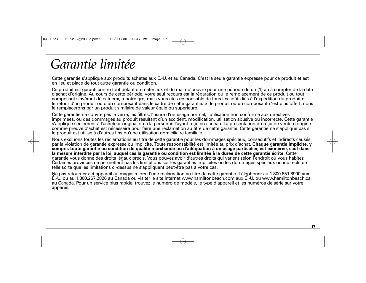 Garantie limitée | Hamilton Beach BrewStation 40540 User Manual | Page 17 / 28