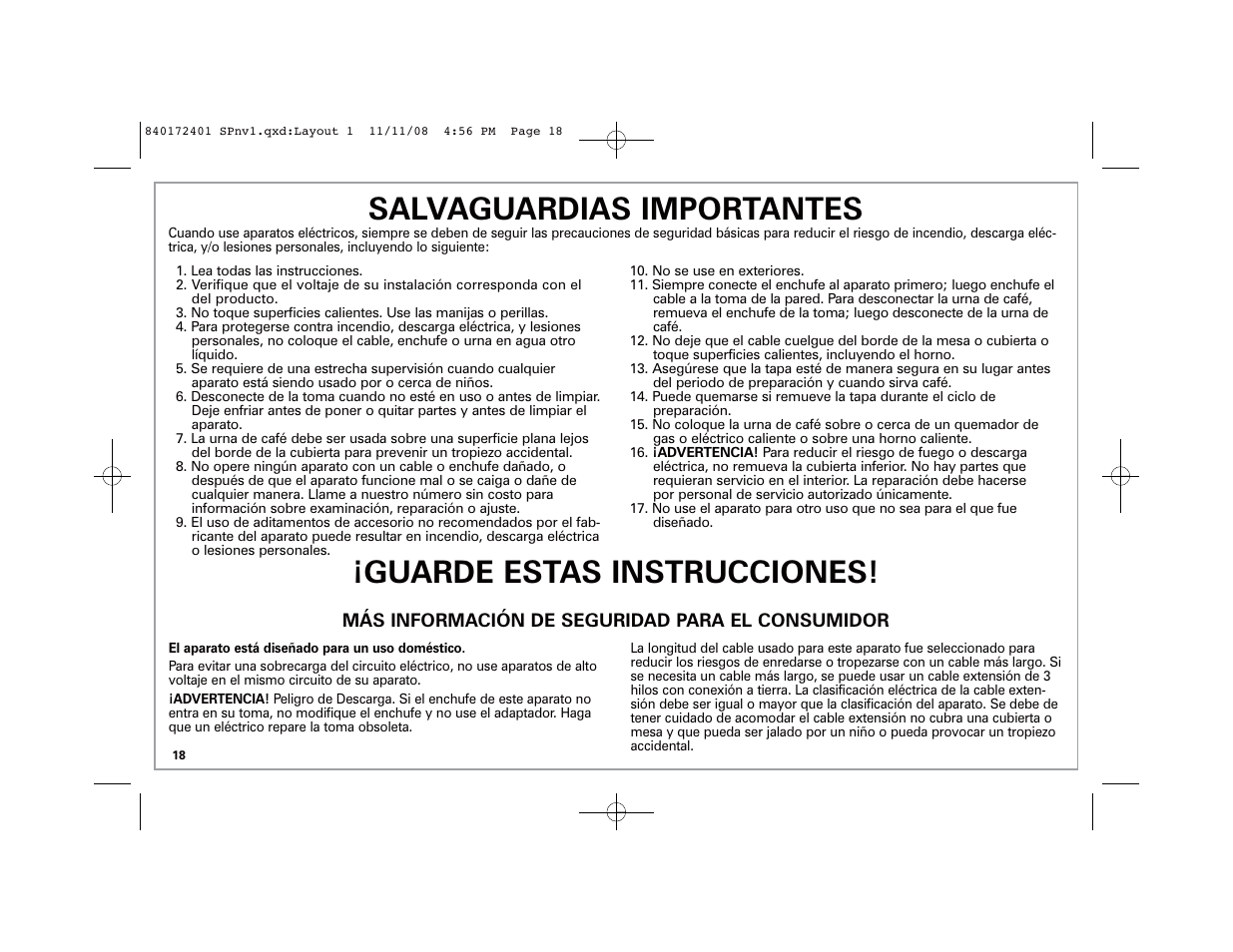 Salvaguardias importantes, Guarde estas instrucciones | Hamilton Beach BrewStation 40540 User Manual | Page 18 / 28