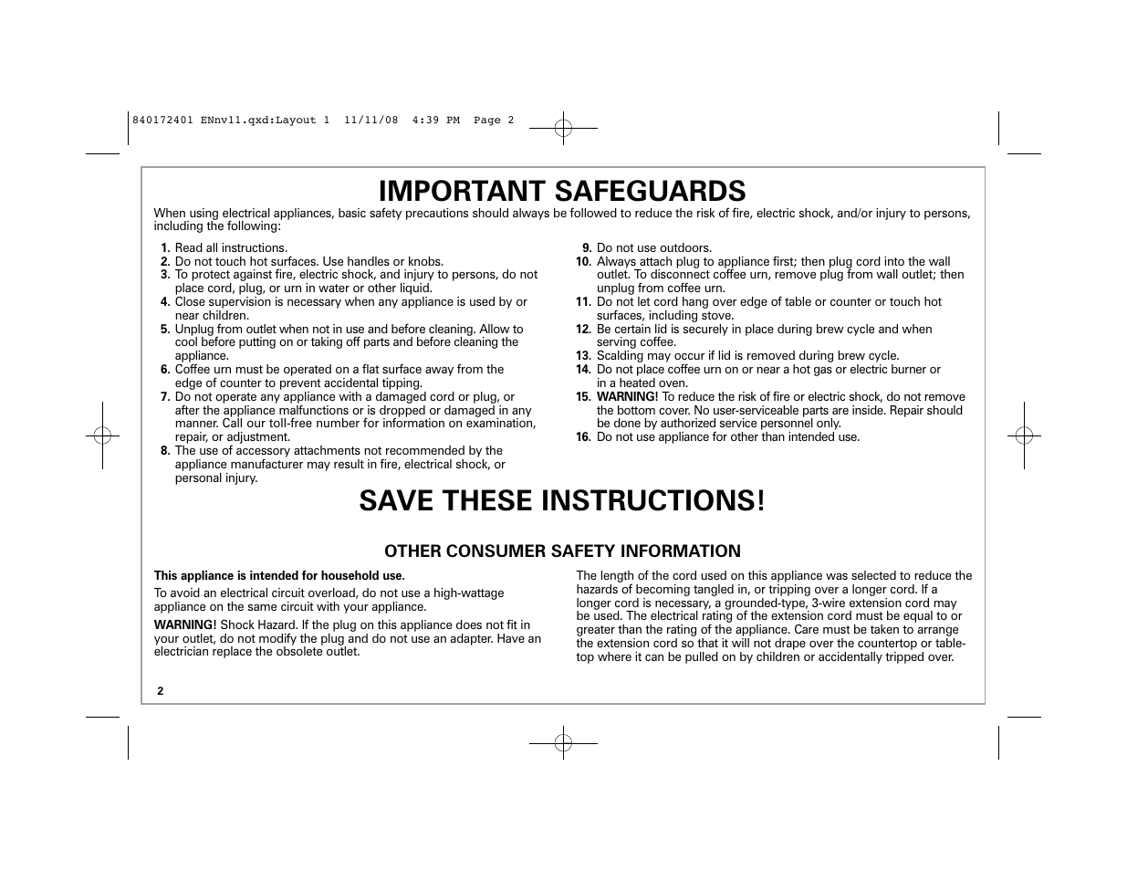 Important safeguards, Save these instructions | Hamilton Beach BrewStation 40540 User Manual | Page 2 / 28