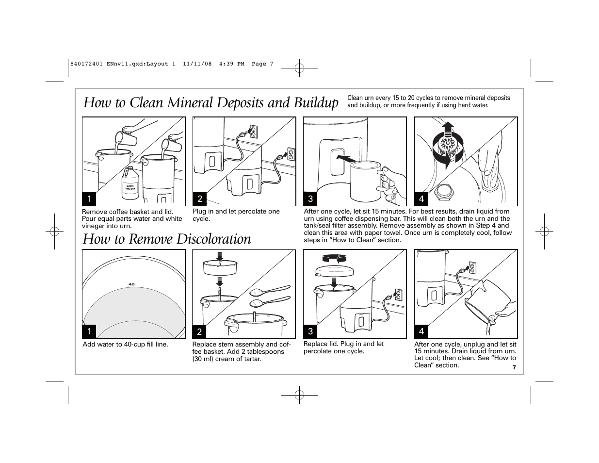 How to clean mineral deposits and buildup, How to remove discoloration | Hamilton Beach BrewStation 40540 User Manual | Page 7 / 28