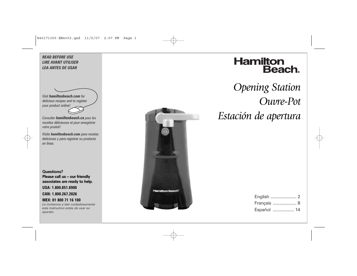 Hamilton Beach Opening Station User Manual | 20 pages